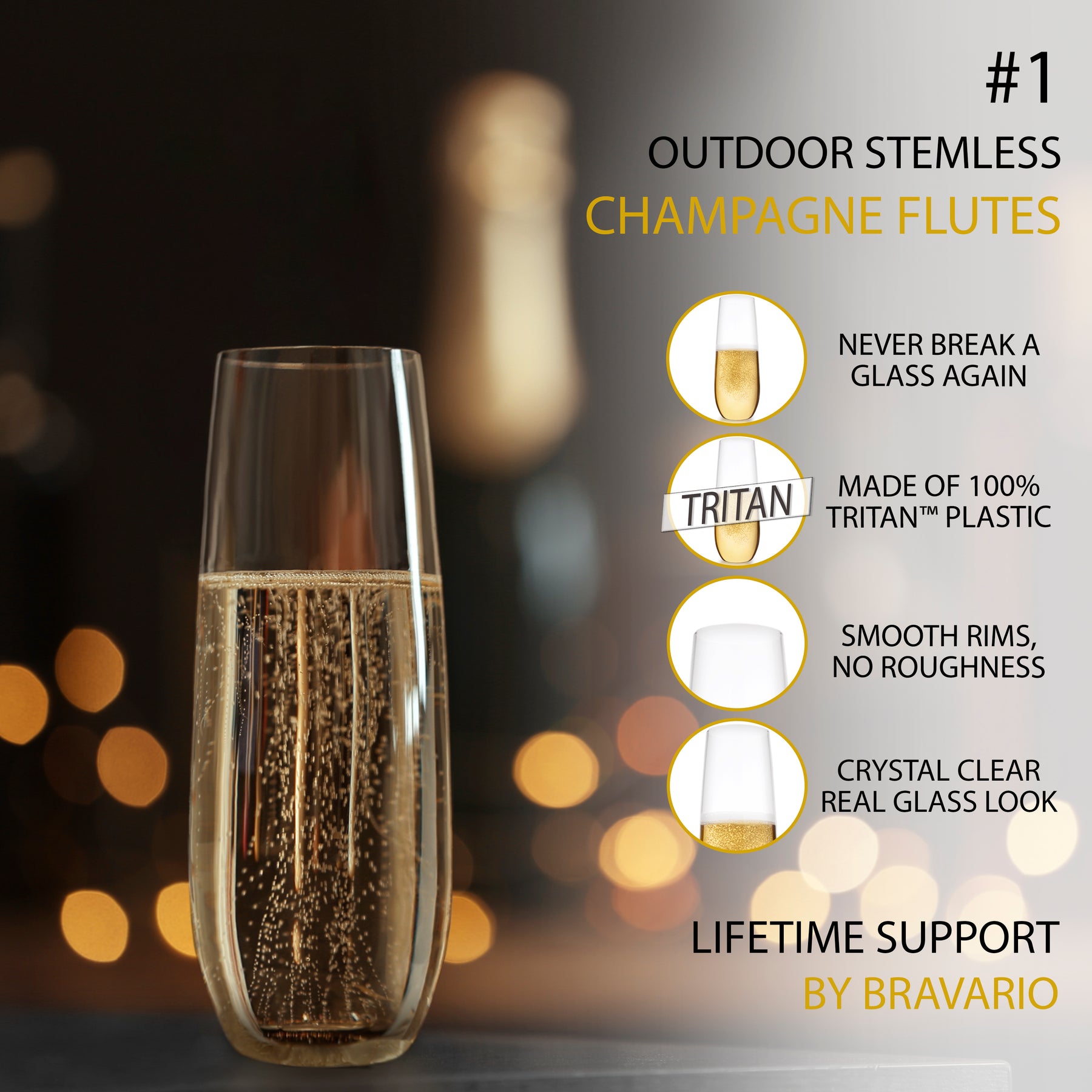 Unbreakable Stemmed Champagne Flutes (Set of 8, 12 oz ea