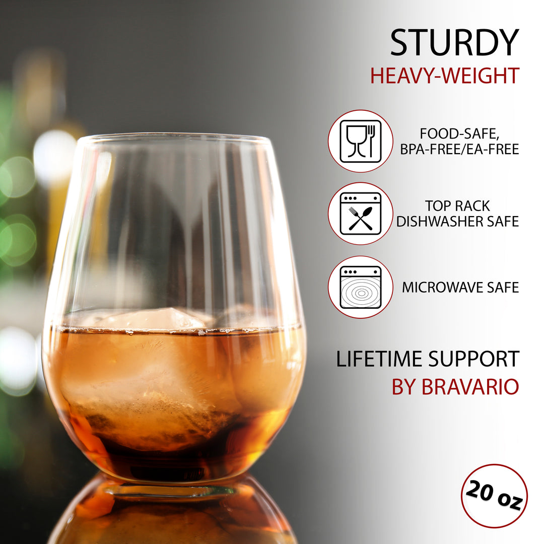 Bravario Unbreakable Stemless Plastic Wine Glasses | Shatterproof 100% Tritan | Dishwasher-Safe | BPA-free | Awesome for Indoor Outdoor